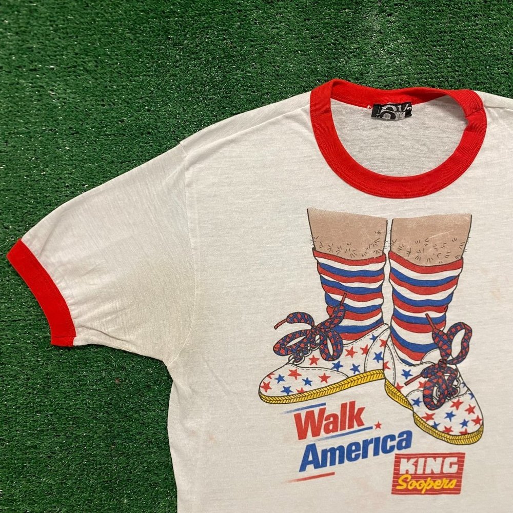 Vintage 80s Walk America Ringer T-Shirt Single Stitch Paper Thin White M - Picture 2 of 5